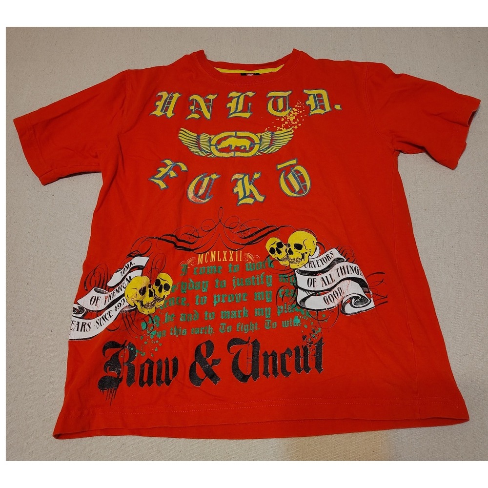 Y2K Ecko Unltd Raw and Uncut Skull Graphic‎ T Shirt Mens Medium Streetwear Red